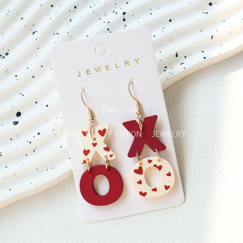 Wholesale Valentine's Day acrylic paint XO wine red contrast heart earrings
